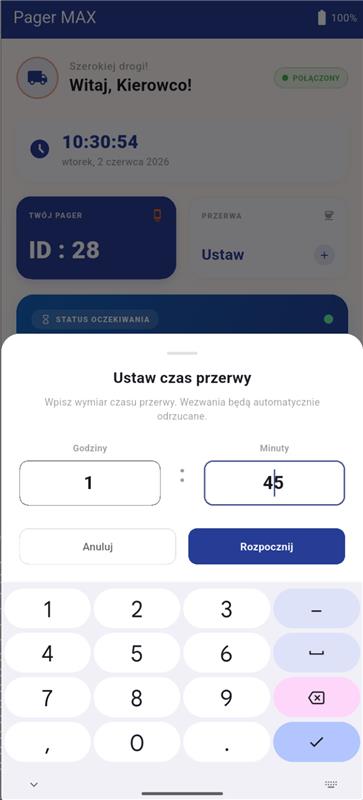 Ekran ustawiania przerwy w PagerMAX